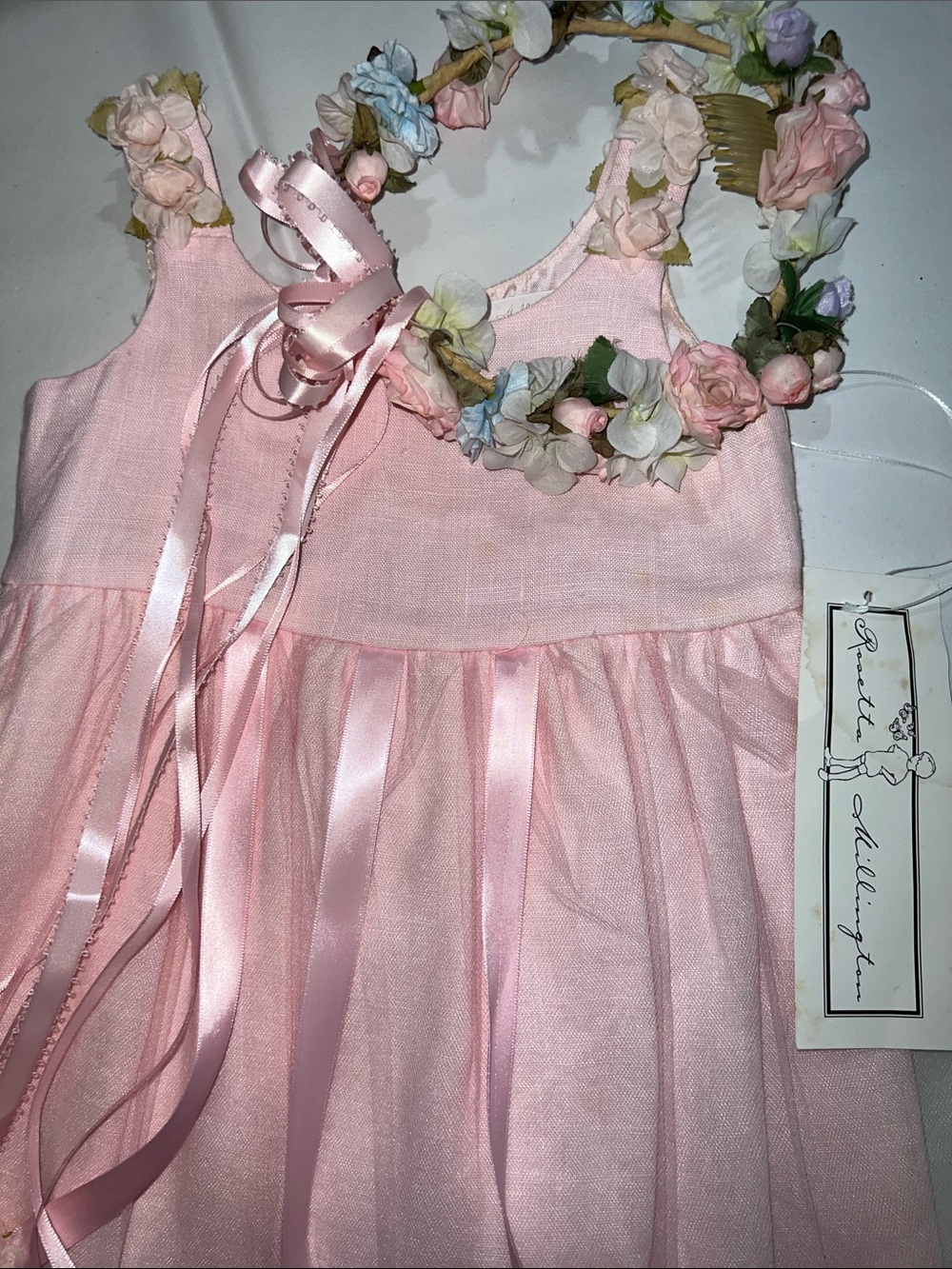 NWT Vintage Pink Flower Strap Girls Party Dress With Halo Hairpiece.